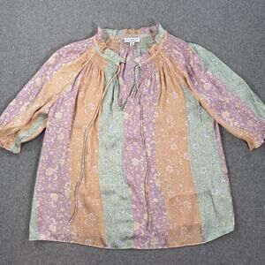 Current Air Los Angeles Mixed Print Stripe Blouse Size Small Satin Ruffle Collar